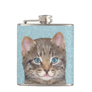 Gray Tabby Cat Painting - Cute Original Cat Art Flask