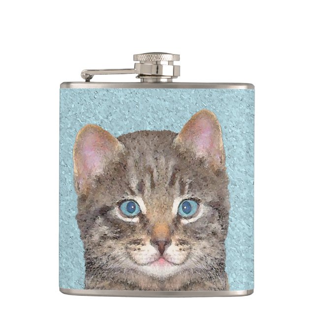 Gray Tabby Cat Painting - Cute Original Cat Art Flask (Front)