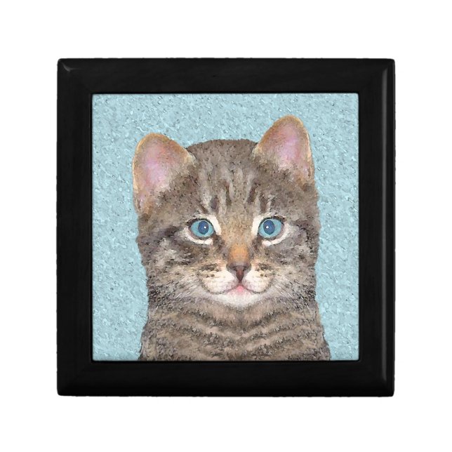 Gray Tabby Cat Painting - Cute Original Cat Art Gift Box (Front)