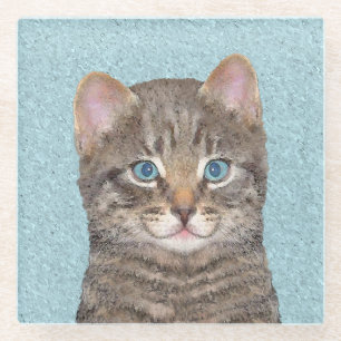 Gray Tabby Cat Painting - Cute Original Cat Art Glass Coaster