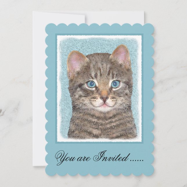 Gray Tabby Cat Painting - Cute Original Cat Art Invitation (Front)