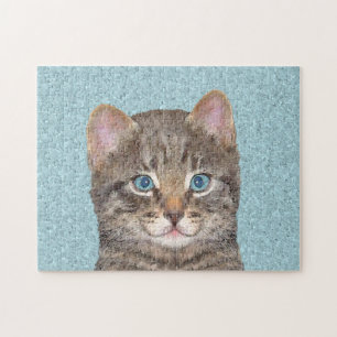 Gray Tabby Cat Painting - Cute Original Cat Art Jigsaw Puzzle