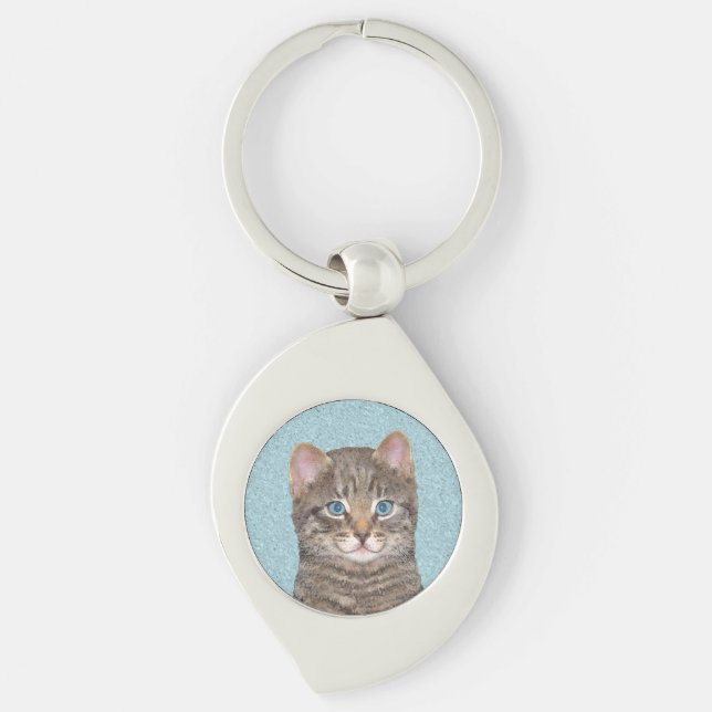 Gray Tabby Cat Painting - Cute Original Cat Art Keychain (Front)