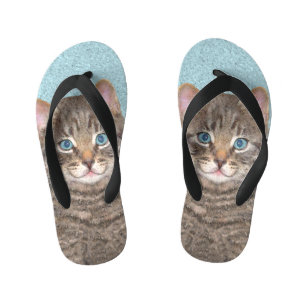 Gray Tabby Cat Painting - Cute Original Cat Art Kid's Flip Flops