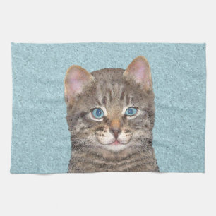 Gray Tabby Cat Painting - Cute Original Cat Art Kitchen Towel