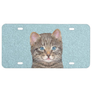 Gray Tabby Cat Painting - Cute Original Cat Art License Plate