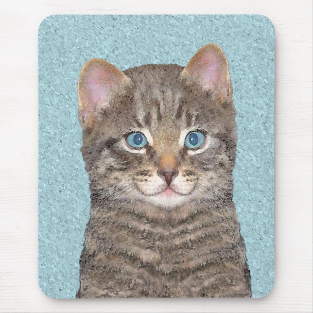 Gray Tabby Cat Painting - Cute Original Cat Art Mouse Pad (Front)
