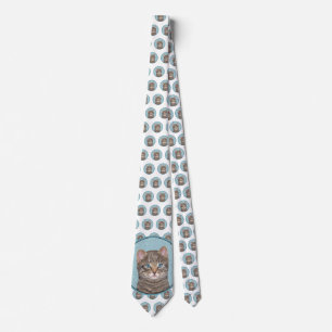 Gray Tabby Cat Painting - Cute Original Cat Art Neck Tie