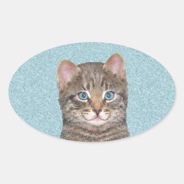 Gray Tabby Cat Painting - Cute Original Cat Art Oval Sticker (Front)