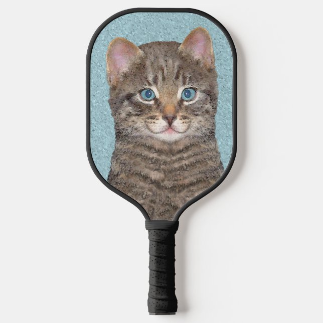 Gray Tabby Cat Painting - Cute Original Cat Art Pickleball Paddle (Front)