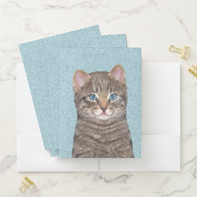 Gray Tabby Cat Painting - Cute Original Cat Art Pocket Folder (In Situ)