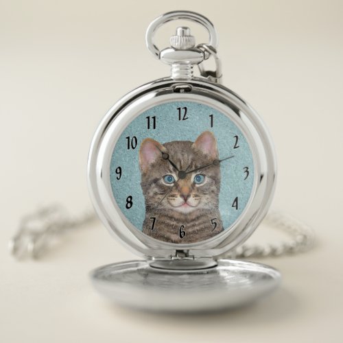 Gray Tabby Cat Painting _ Cute Original Cat Art Pocket Watch