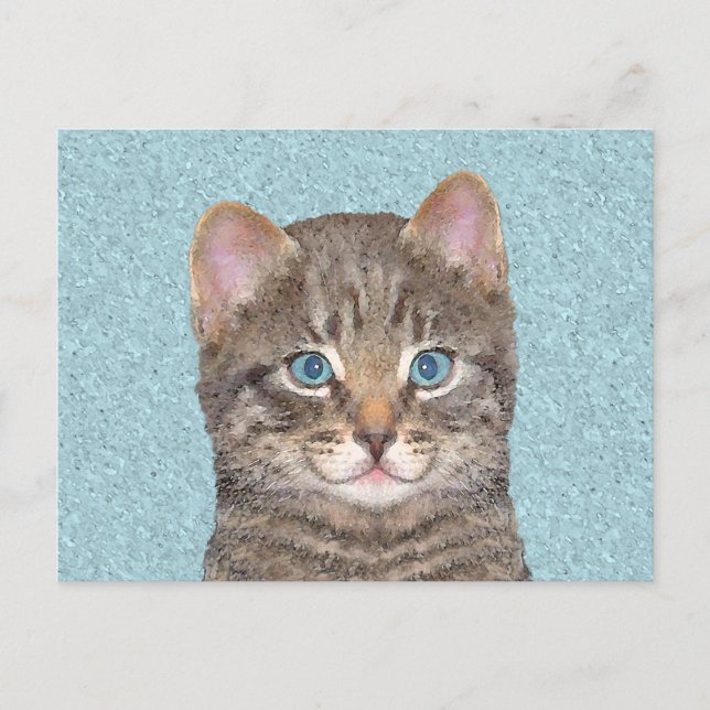 Gray Tabby Cat Painting - Cute Original Cat Art Postcard (Front)