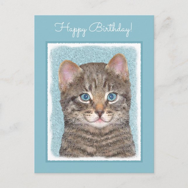 Gray Tabby Cat Painting - Cute Original Cat Art Postcard (Front)