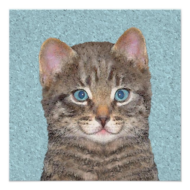 Gray Tabby Cat Painting - Cute Original Cat Art Poster (Front)