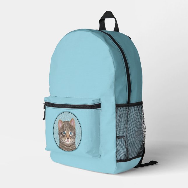 Gray Tabby Cat Painting - Cute Original Cat Art Printed Backpack (Back Corner Right)