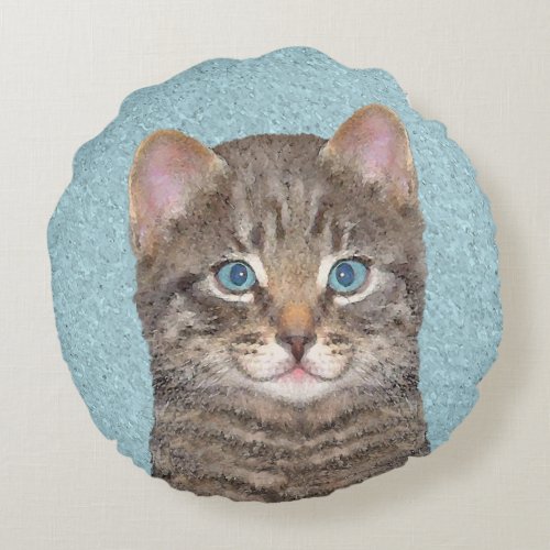 Gray Tabby Cat Painting _ Cute Original Cat Art Round Pillow