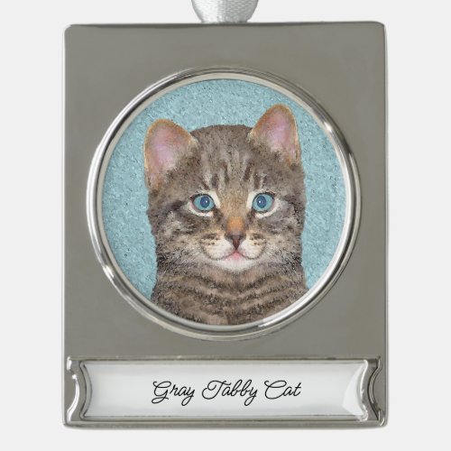 Gray Tabby Cat Painting _ Cute Original Cat Art Silver Plated Banner Ornament