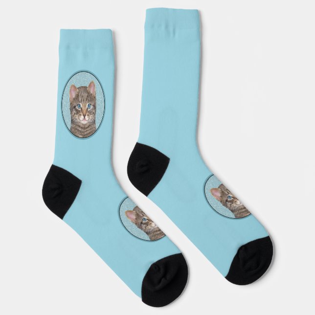 Gray Tabby Cat Painting - Cute Original Cat Art Socks (Right)