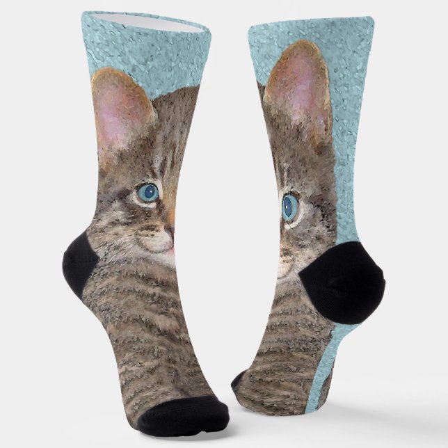 Gray Tabby Cat Painting - Cute Original Cat Art Socks (Angled)