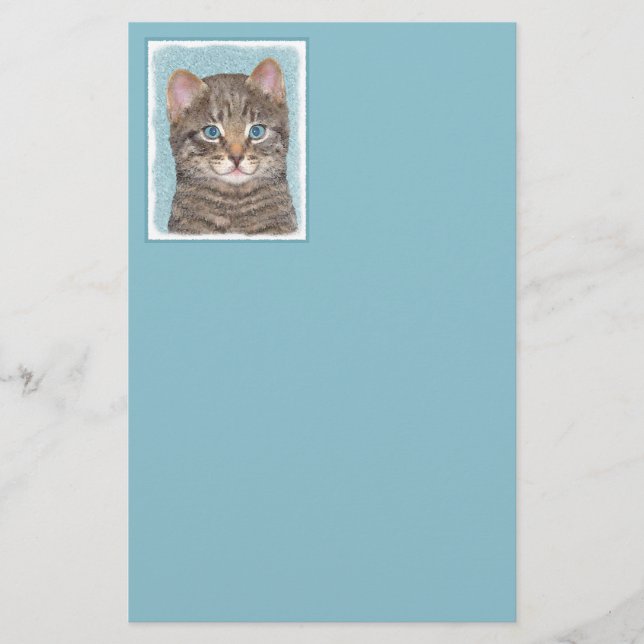 Gray Tabby Cat Painting - Cute Original Cat Art Stationery (Front)