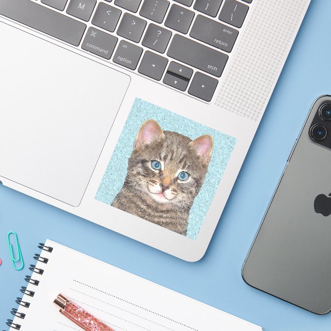 Gray Tabby Cat Painting - Cute Original Cat Art Sticker (Laptop w/ iPhone)