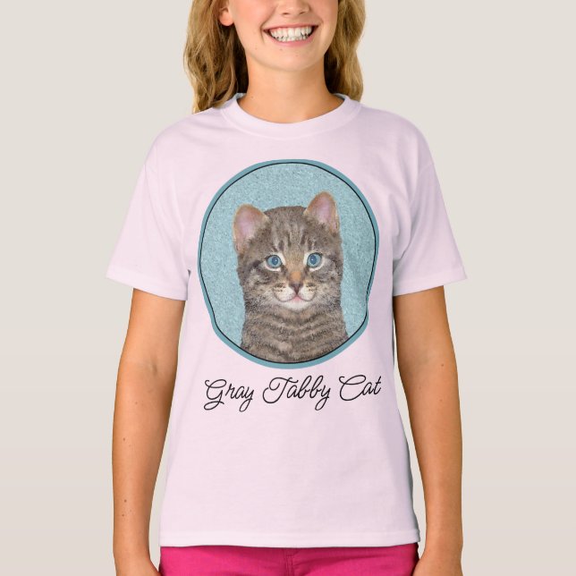 Gray Tabby Cat Painting - Cute Original Cat Art T- T-Shirt (Front)