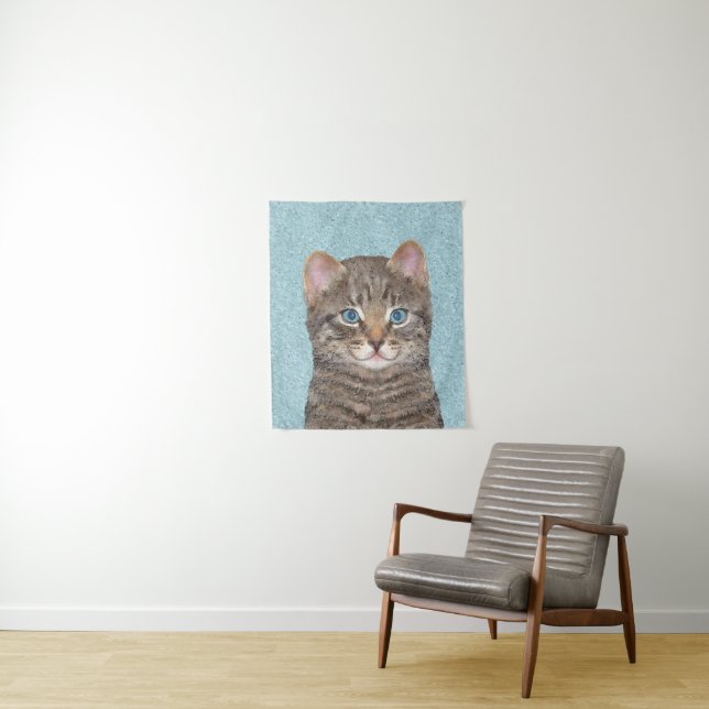 Gray Tabby Cat Painting - Cute Original Cat Art Tapestry (In Situ)