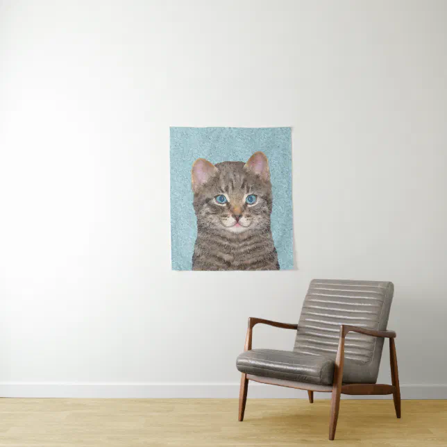 Gray Tabby Cat Painting - Cute Original Cat Art Tapestry | Zazzle