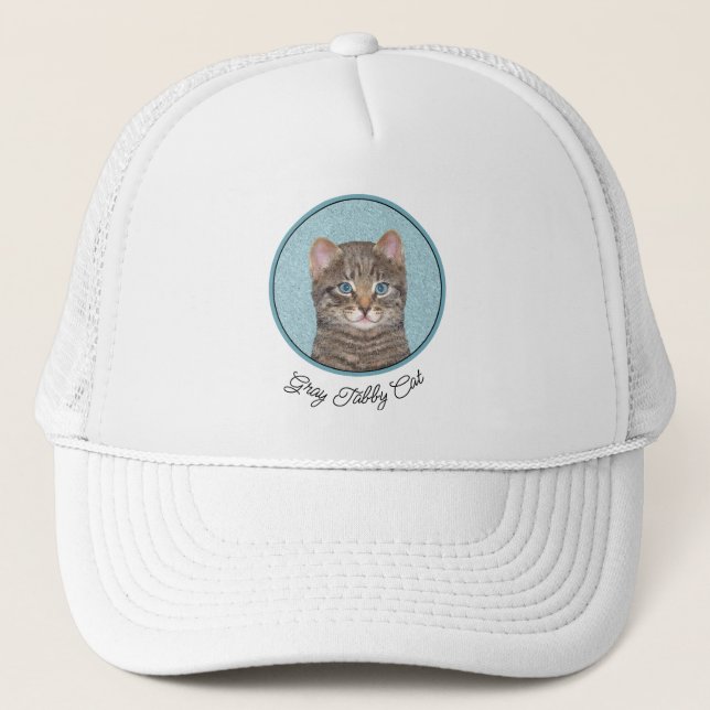 Gray Tabby Cat Painting - Cute Original Cat Art Trucker Hat (Front)