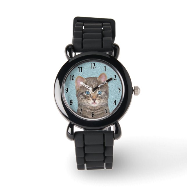 Gray Tabby Cat Painting - Cute Original Cat Art Watch (Front)