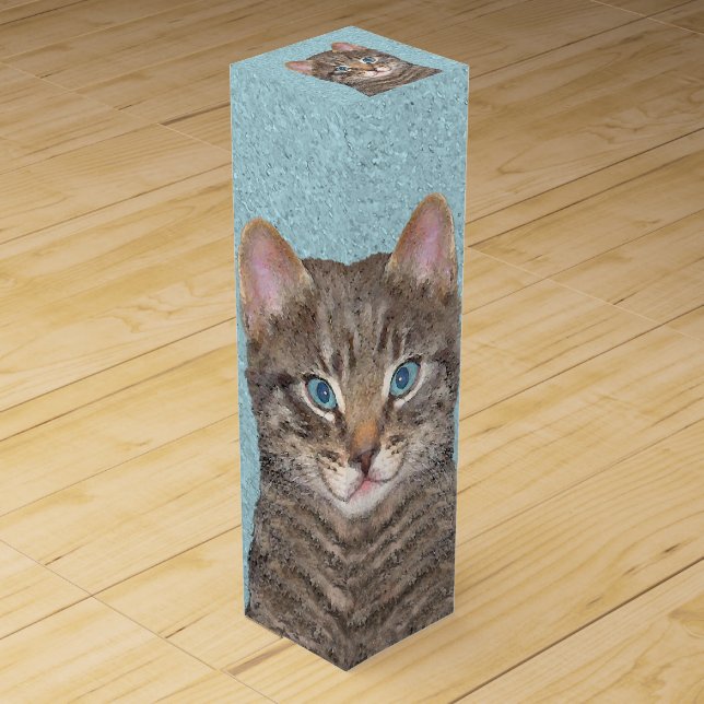 Gray Tabby Cat Painting - Cute Original Cat Art Wine Box (Front)