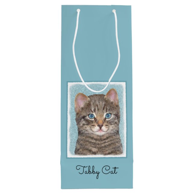 Gray Tabby Cat Painting - Cute Original Cat Art Wine Gift Bag (Back)