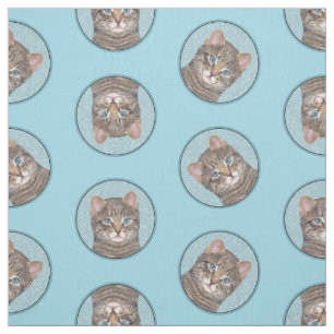 Gray Tabby Cat Portrait Painting Cute Original Art Fabric