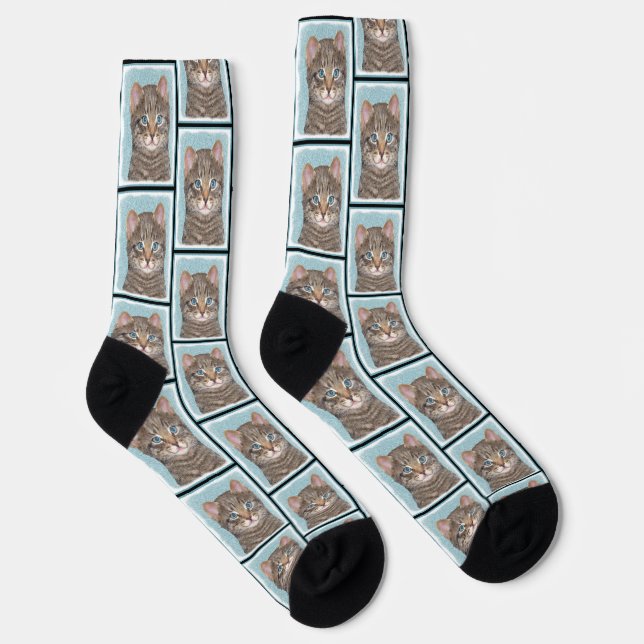 Gray Tabby Cat Portrait Painting Cute Original Art Socks (Right)