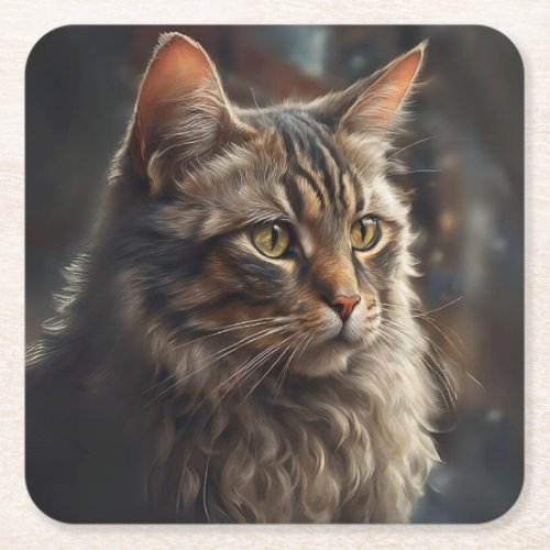 Gray Tabby Cat Portrait Sad Face Square Paper Coaster