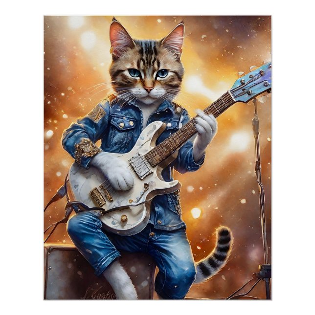 Gray Tabby Cat Rock Star Playing the Guitar Poster (Front)