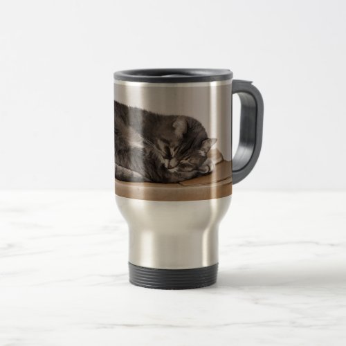 Gray Tabby Cat Sleeping On Box Adorable Travel Mug