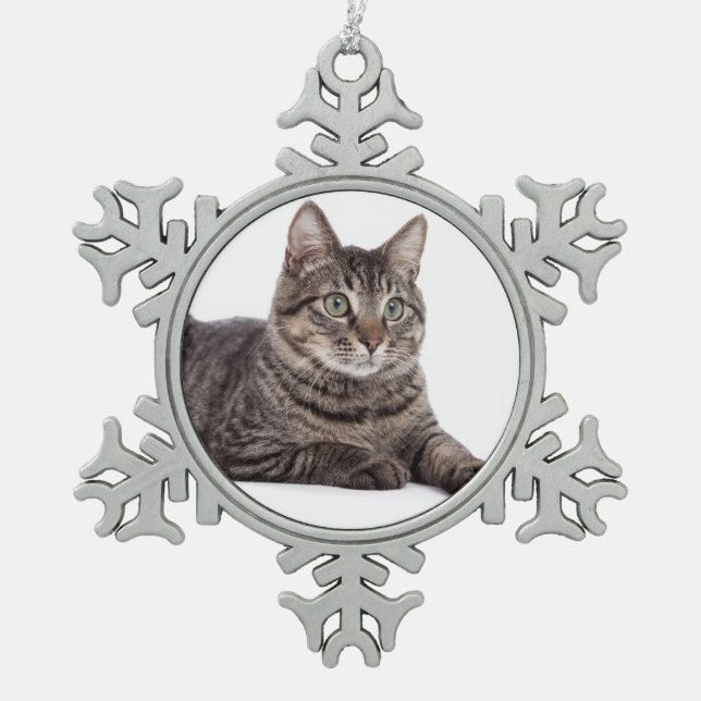 Gray Tabby Cat Snowflake Pewter Christmas Ornament (Front)