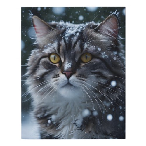 Gray Tabby Cat Snowing Faux Wrapped Canvas Print