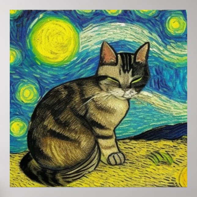 Gray Tabby Cat Starry Night Artwork Van Gogh Poster (Front)