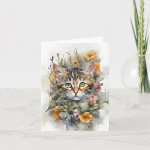 Gray Tabby Cat with Flowers Blank Greeting Card