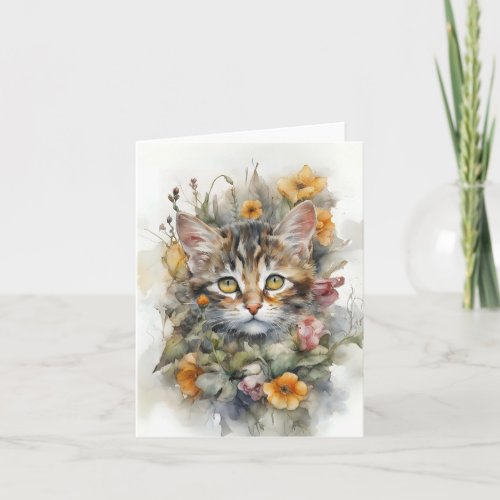 Gray Tabby Cat with Flowers Blank Greeting  Card