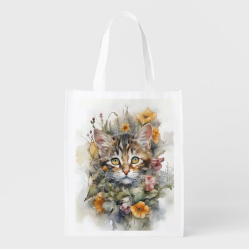 Gray Tabby Cat with Flowers Blank Reusable  Grocery Bag
