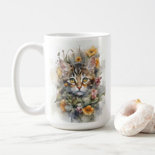 Gray Tabby Cat with Flowers  Coffee Mug