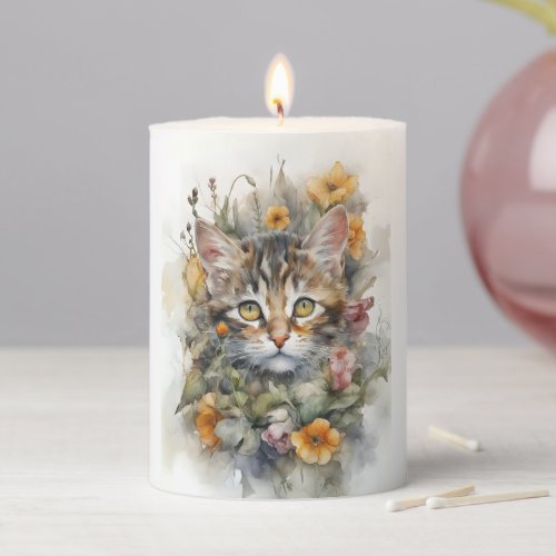 Gray Tabby Cat with Flowers  Pillar Candle