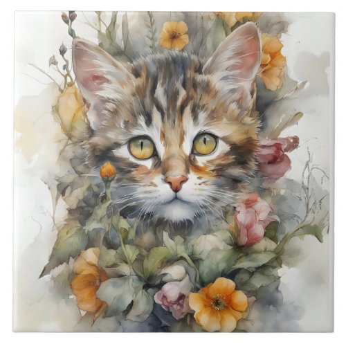 Gray Tabby Cat with Flowers Portrait  Ceramic Tile