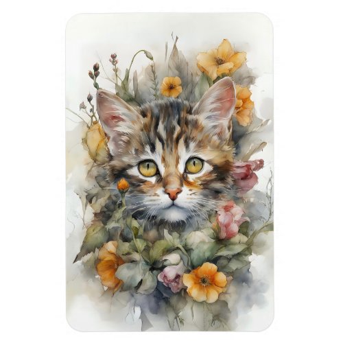 Gray Tabby Cat with Flowers Refrigerator  Magnet