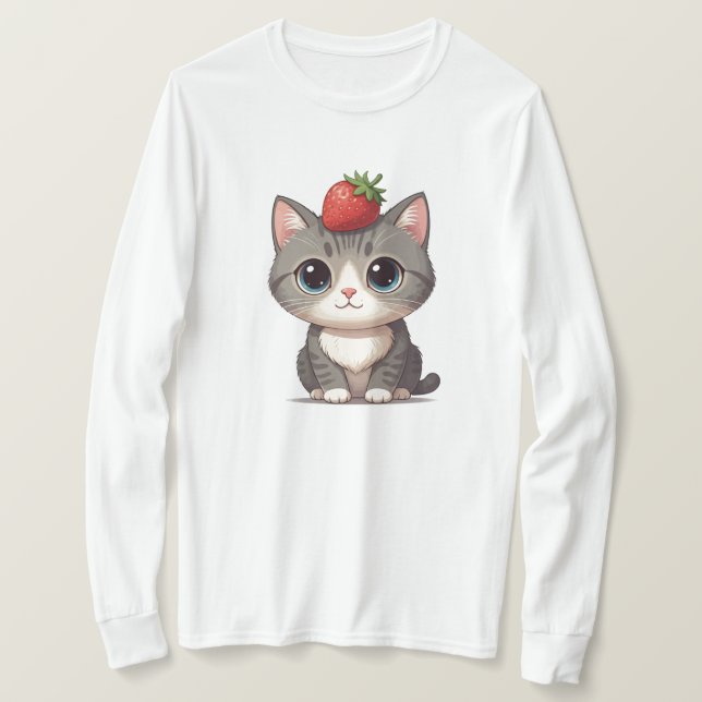 Gray tabby cat with Strawberry  T-Shirt (Design Front)