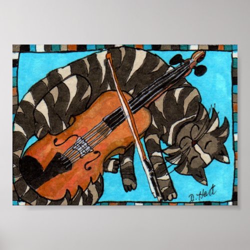 Gray Tabby Cat with Violin Fiddle Folk Art Poster